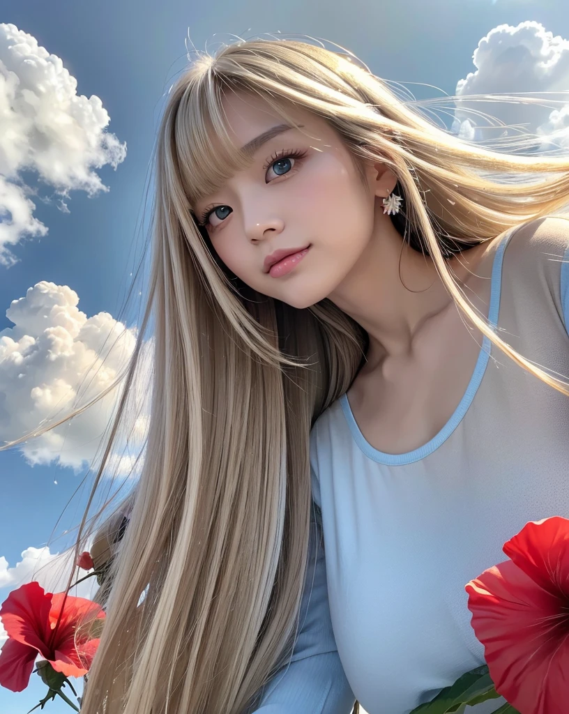 (Highest quality, 32k, High resolution, Masterpiece:1.5, ), marimo_jet, god々A photograph with brilliant dazzling and healing power., Evoking a sense of calm and elusive beauty, Expressing emotions, Have a rich imagination,Beautiful Japanese Girls, An exceptionally beautiful face, ((Low - Angle:1.4)), Small Face Beauty, Perfect Human Anatomy, Magical big eyes, Motherhood and generosity, Deep Love, A fleeting smile, ((Shiny ash beige hair:1.4)), Super Long Straight Silk Hair, Asymmetrical bangs, Hair between the eyes, Transparent, soft white skin, Sharp eyebrows, Thin lashes, Natural Makeup, Cheek highlighter, Pale pink detailed lips, ((Light blue thin camisole:1.3)), High resolutionの完璧な鎖骨, High resolutionの美しい胸元, Slim figure with ample breasts, High resolutionの美しい太もも, ((Detailed blue sky and clouds in summer:1.2)), ((Beautiful Hibiscus:1.2)), Professional Lighting, Professional photographer, Professional models, god秘的