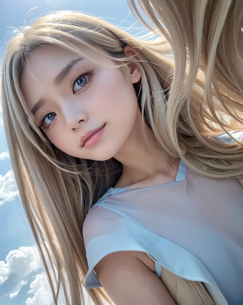 (Highest quality, 32k, High resolution, Masterpiece:1.5, ), marimo_jet, god々A photograph with brilliant dazzling and healing power., Evoking a sense of calm and elusive beauty, Expressing emotions, Have a rich imagination,Beautiful Japanese Girls, An exceptionally beautiful face, ((Low - Angle:1.4)), Small Face Beauty, Perfect Human Anatomy, Magical big eyes, Motherhood and generosity, Deep Love, A fleeting smile, ((Shiny ash beige hair:1.4)), Super Long Straight Silk Hair, Asymmetrical bangs, Hair between the eyes, Transparent, soft white skin, Sharp eyebrows, Thin lashes, Natural Makeup, Cheek highlighter, Pale pink detailed lips, ((Light blue thin camisole:1.3)), High resolutionの完璧な鎖骨, High resolutionの美しい胸元, Slim figure with ample breasts, High resolutionの美しい太もも, ((Detailed blue sky and clouds in summer:1.2)), ((Beautiful Hibiscus:1.2)), Professional Lighting, Professional photographer, Professional models, god秘的