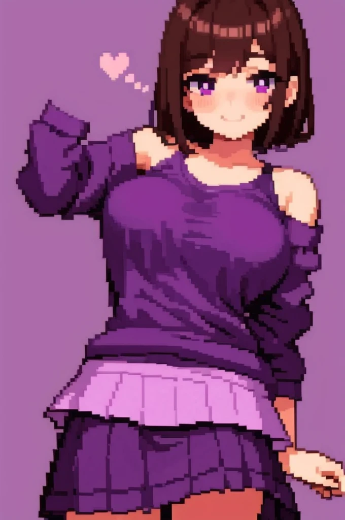 ((best quality)), ((masterpiece)), (detailed)),Cute Girl,Short Brown Hair,Purple Eyes,Heart shaped pupils,Cute smile,Red Blush,big breasts,showed under ,bare thick thighs,cute skirt,Glowing purple eyes,cute pose,hand beneath breasts,purple backgroundzcute sexy pose,Lift skirt