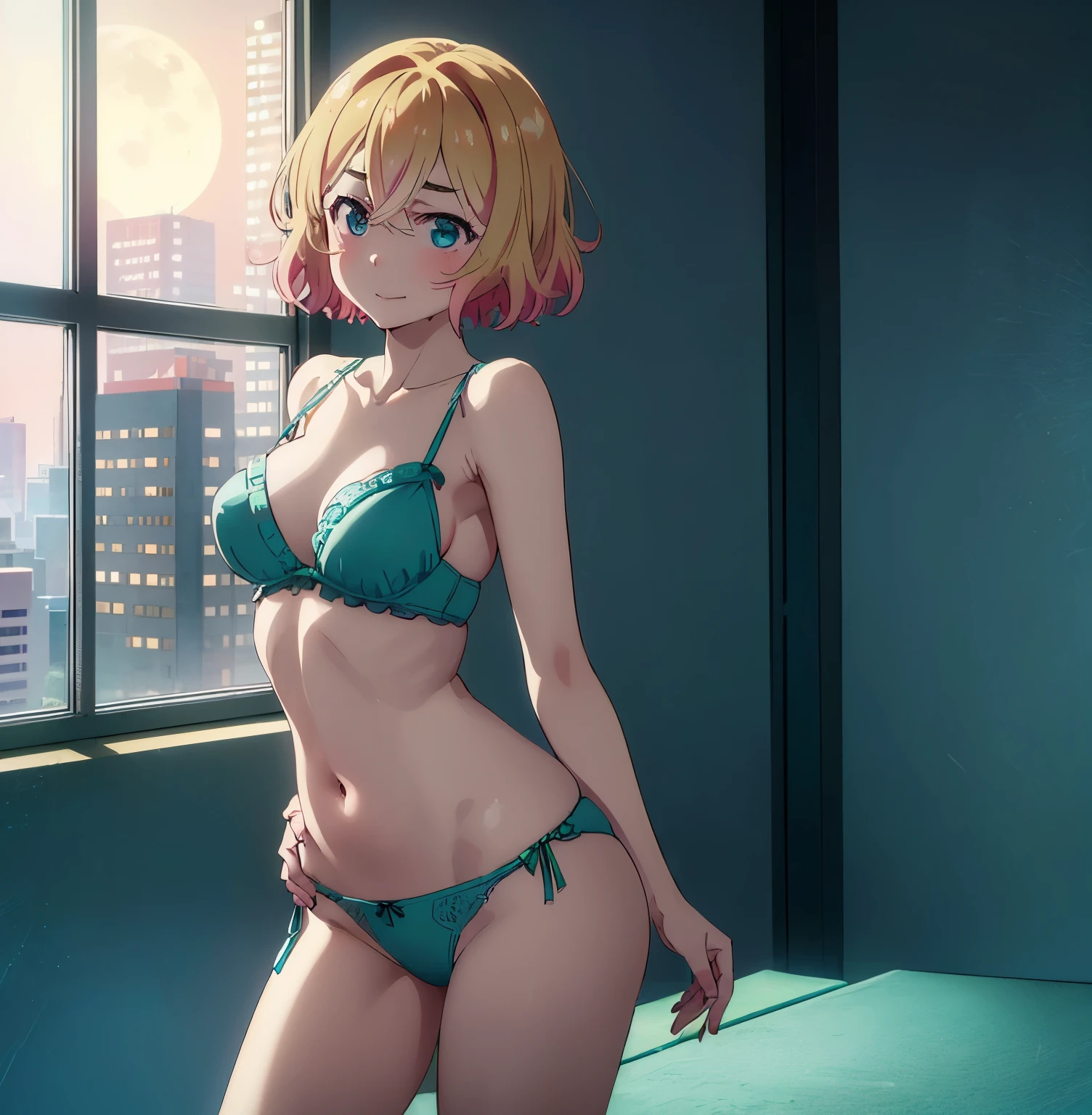 ((1girl)),((solo)),mami nanami, ultra detailed, sharp focus, detailed background, detailed eyes, masterpiece, dynamic posture, curvy body, perfect fingers, cowboy shot, hands on waist, looking at spectator, short hair, aqua eyes, blonde hair, hair between the eyes, medium breasts, narrow waist, wide hips, wide thighs, ((green lingerie, one-piece lingerie, exposed navel, exposed arms, exposed legs)), ( (alone)),((standing, interior, hotel room, room, windows, cityscape, Japanese city, good lighting, night, moon)), blush, seductive expression, smile, mouth closed, looking back, from back,((focus on ass)),((round butt)),pov(from below), perfect anatomy, perfect hands