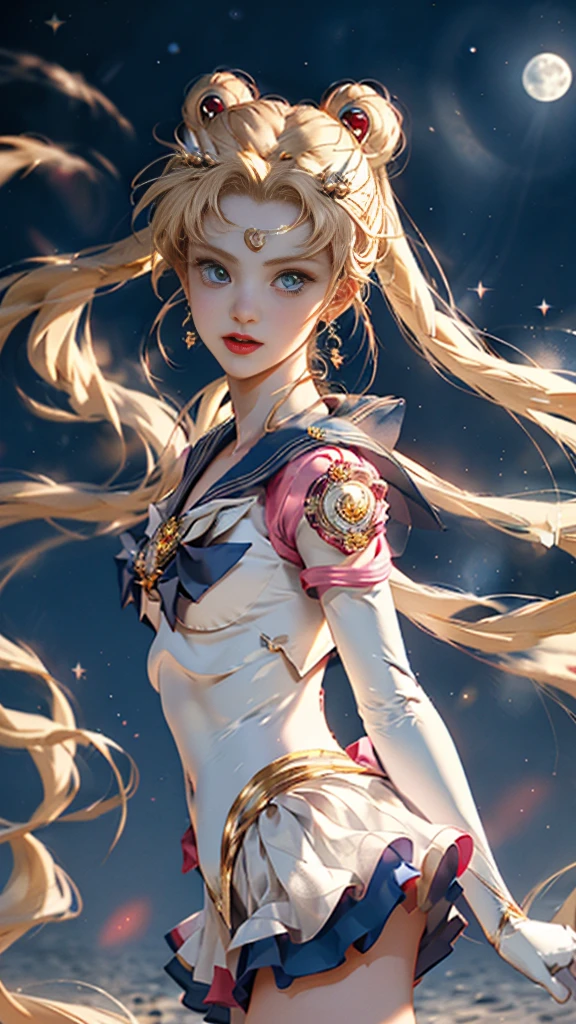 Masterpiece, Full: 1.3, Stand, 8K, 3D, Realistic, Ultra Micro Shooting, Top Quality, Extreme Detail CG Unity 8K Wallpaper, from below, intricate details, (1 female), 18 years old, (Sailor Moon supersailormoon mer1, Tiara, Sailor Senshi Uniform Sailor: 1.2, Sailor Moon: 1.2), Impossibly long bright twin-tailed blonde, thin and very long straight twin-tailed blonde, hair bun, red round hair ornament in a hair bun, Sailor Senshi uniform, (blue collar, blue sailor collar, blue pre-gate mini skirt: 1.3, very large red bow on the chest: 1.3, long white latex gloves: 1.3, red gloves on the elbows, Very large red bow behind the waist: 1.1, cleavage is looking large, golden tiara, earrings), (face details: 1.5, bright blue eyes, beautiful face, beautiful eyes, shiny eyes, thin lips: 1.5, thin and sharp pale eyebrows, long dark eyelashes, double eyelashes), luxurious golden jewelry, thin, thin and muscular, small face, big breasts, perfect proportions, Thin waist, sexy model pose, visible pores, seductive smile, perfect hands: 1.5, high-leg swimsuit, very thin and fit high-gloss white holographic leather, octane rendering, very dramatic image, strong natural light, sunlight, exquisite lighting and shadow, dynamic angle, DSLR, sharp focus: 1.0, Maximum clarity and sharpness, (space background, moonlight, moon, dynamic background, detailed background)