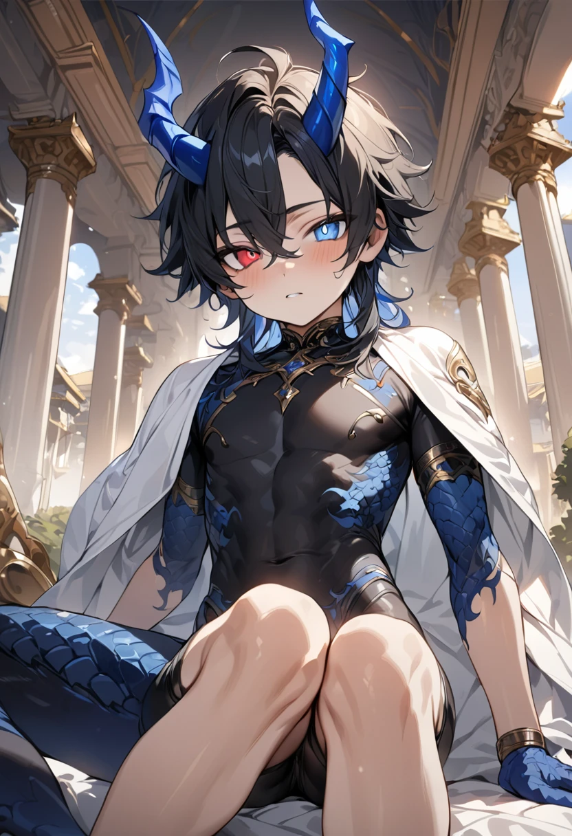 high quality,(best quality,4K,a high resolution,masterpiece:1.2),super detailed,(1 boy),(solo),juvenile,(Male juvenile),handsome and cute boy,black hair, blue dragon horn, Black tbodysuit with blue pattern,（heterochromatic pupils，red eye and blue eye），（（long hair）），single photo,the white temple of light,magnificent palace background,Wearing a white cape behind
