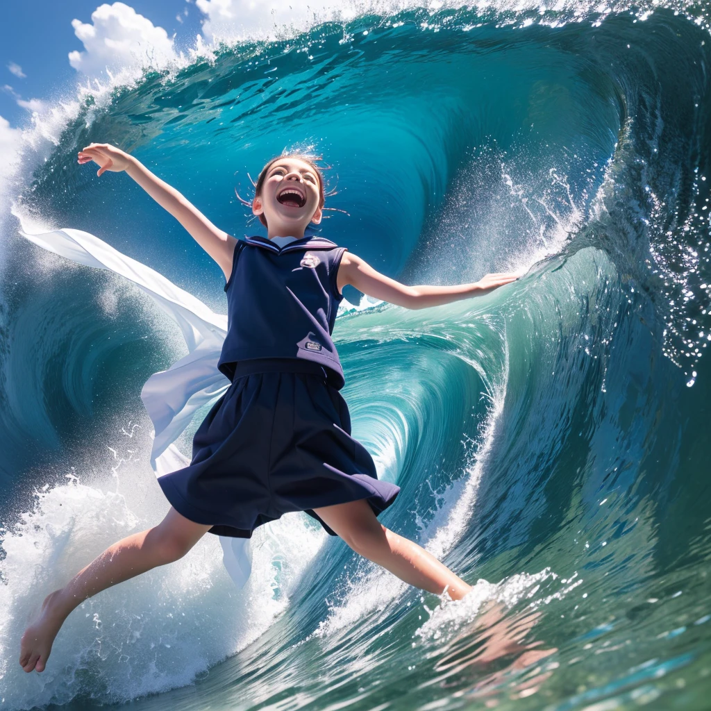 masterpiece, 8K quality, High definition, realistic pictures, professional writing, There is a woman jumping in the air from underwater to the sky., ((A pose that looks like dancing with the face facing upwards)), face upwards, dance in the air,artistic swimming,  jump towards the viewer, jump towards viewer, she is floating in the air, jump into the air, jump on the audience, jump, jump with arms up, floating in the air, floating on the ground, Jump for joy, jump pose, horizontally jump!!!, wearing a sailor suit, high school girl,((Big wave crashing down)), ((Splashes of water splashing from the body)),  Clear blue sky and white clouds, Sunlight flares