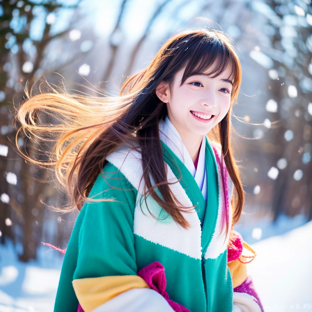 Best Quality, 4K picture quality, 1girl in, Colorful Hanfu, Snow, Long hair fluttering in the wind, Healing smile, Large aperture, Blurred background,