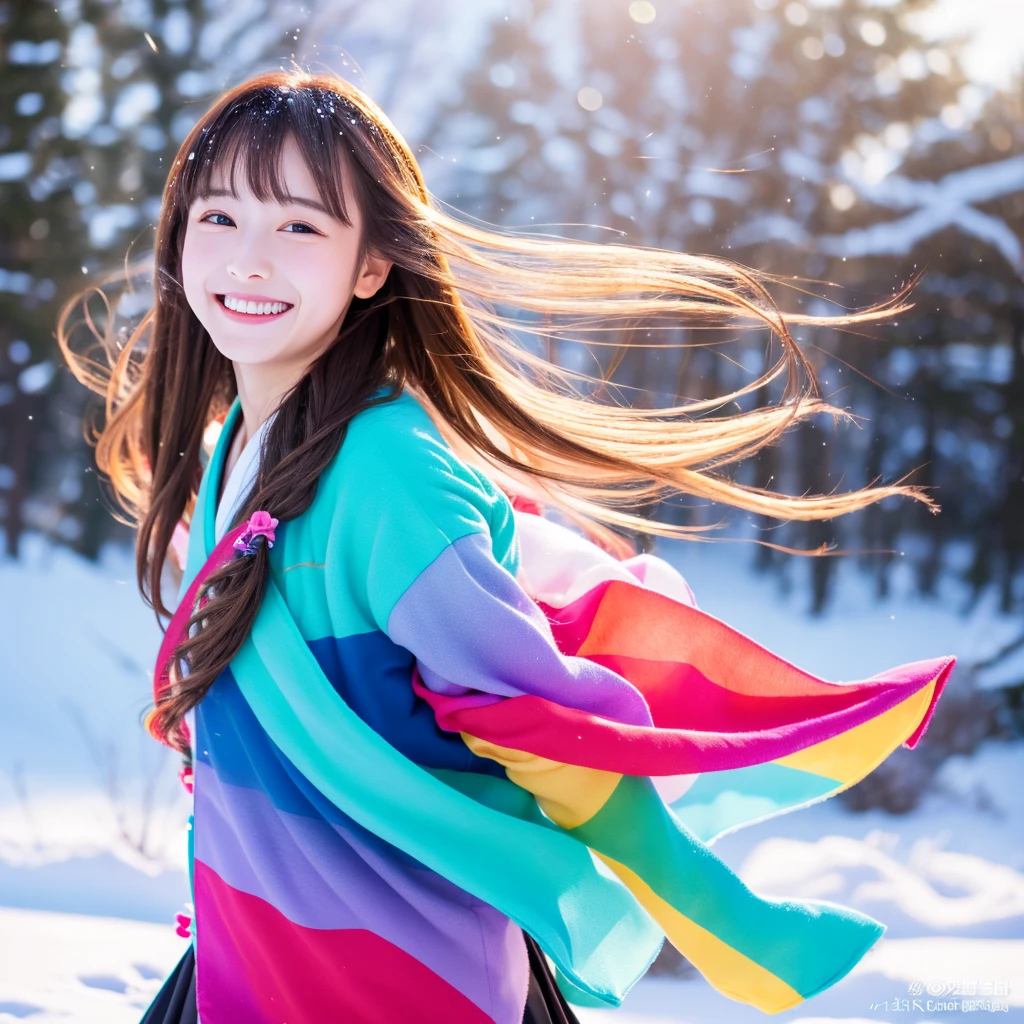 Best Quality, 4K picture quality, 1girl in, Colorful Hanfu, Snow, Long hair fluttering in the wind, Healing smile, Large aperture, Blurred background,
