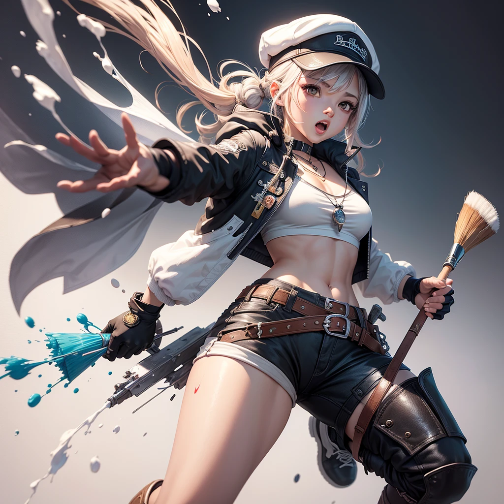 PictomancerFFXIV, 1girl, solo, medium hair, open mouth, simple background, gloves, hat, white background, navel, jewelry, jacket, full body, black pony tail and braids hair, boots, midriff, belt, pants, fingerless gloves, necklace, paintbrush, paint drip, paint splash, paint splatter, masterpiece, best quality , official art , 