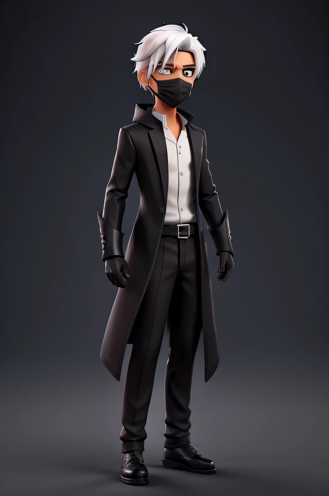 Male character with white hair, black ninja-like mask and black formal clothing
