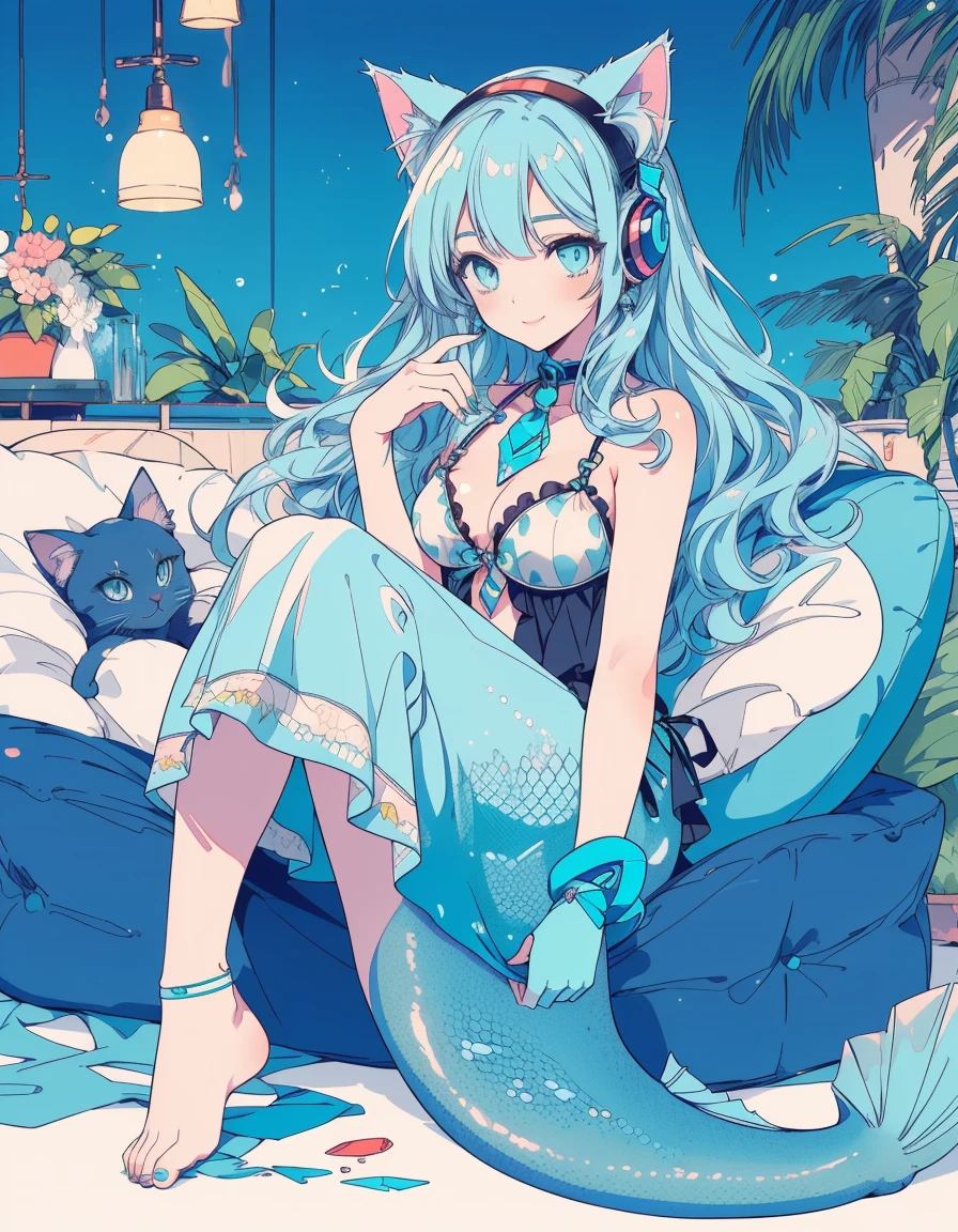cyber punk, Undine and mermaid, bikini, smile, fullbody, ((masterpiece, best quality:1.5)), ((Beautiful detailed cat aqua eyes:1.2)), cat ears, pale skin, medium breasts, beautiful hands, beautiful fingers, EasyNegative