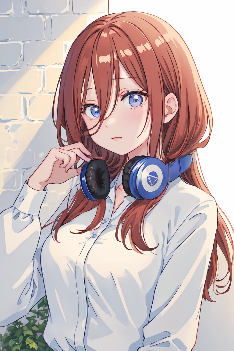 best quality, masterpiece, highres, solo, {nakano_miku_gotoubunnohanayome:1.15}, long_hair, brown_hair, bangs, hair_between_eyes, blue_eyes, headphones_around_neck, headphones, blush, closed_mouth, shiny_hair, 1girl, open_mouth, shirt, upper_body, white_shirt, breasts, brick_wall, long_sleeves, shiny