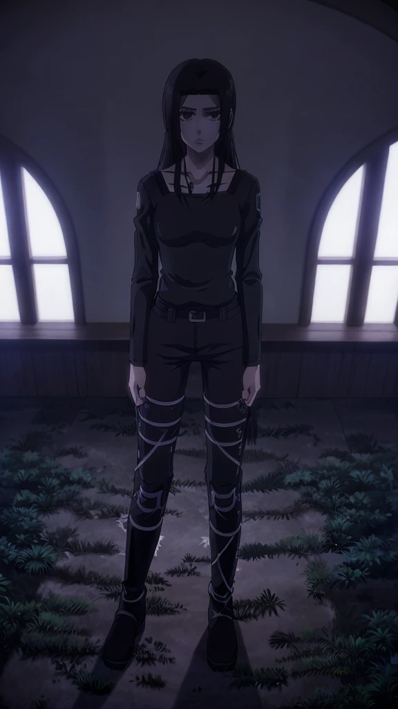 Make a girl tall 6'2,Hair black mix Brown,Eyes color Havel, Skin pale, Survey Corps shirt and pants season 4,Odm gear modern anime grab sword, and eyes bags ,Wall maria background
, Paradise girl