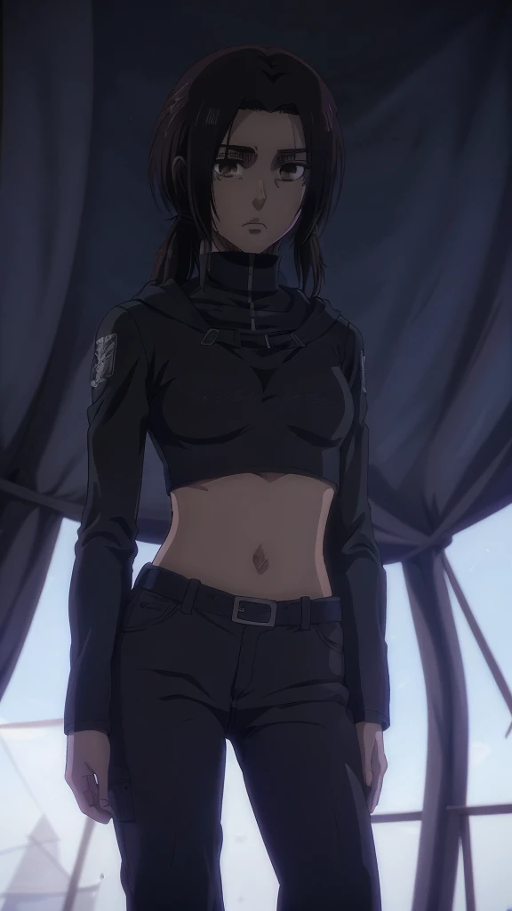 Make a girl tall 6'2,Hair black mix Brown,Eyes color Havel, Skin pale, Survey Corps shirt and pants season 4,Odm gear modern anime grab sword, and eyes bags ,Wall maria background 
, Paradise girl 