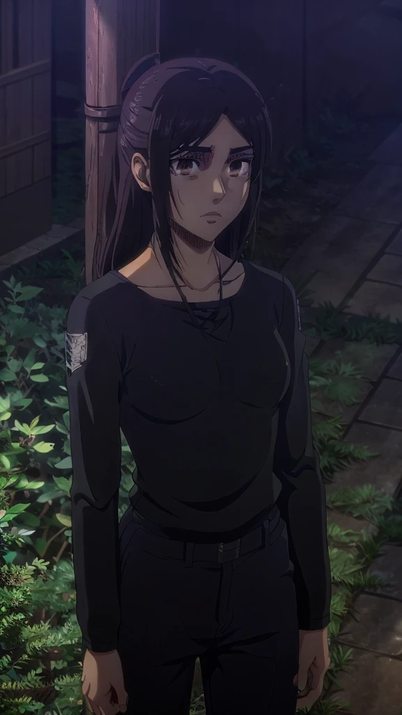 Make a girl tall 6'2,Hair black mix Brown,Eyes color Havel, Skin pale, Survey Corps shirt and pants season 4,Odm gear modern anime grab sword, and eyes bags ,Wall maria background 
, Paradise girl 