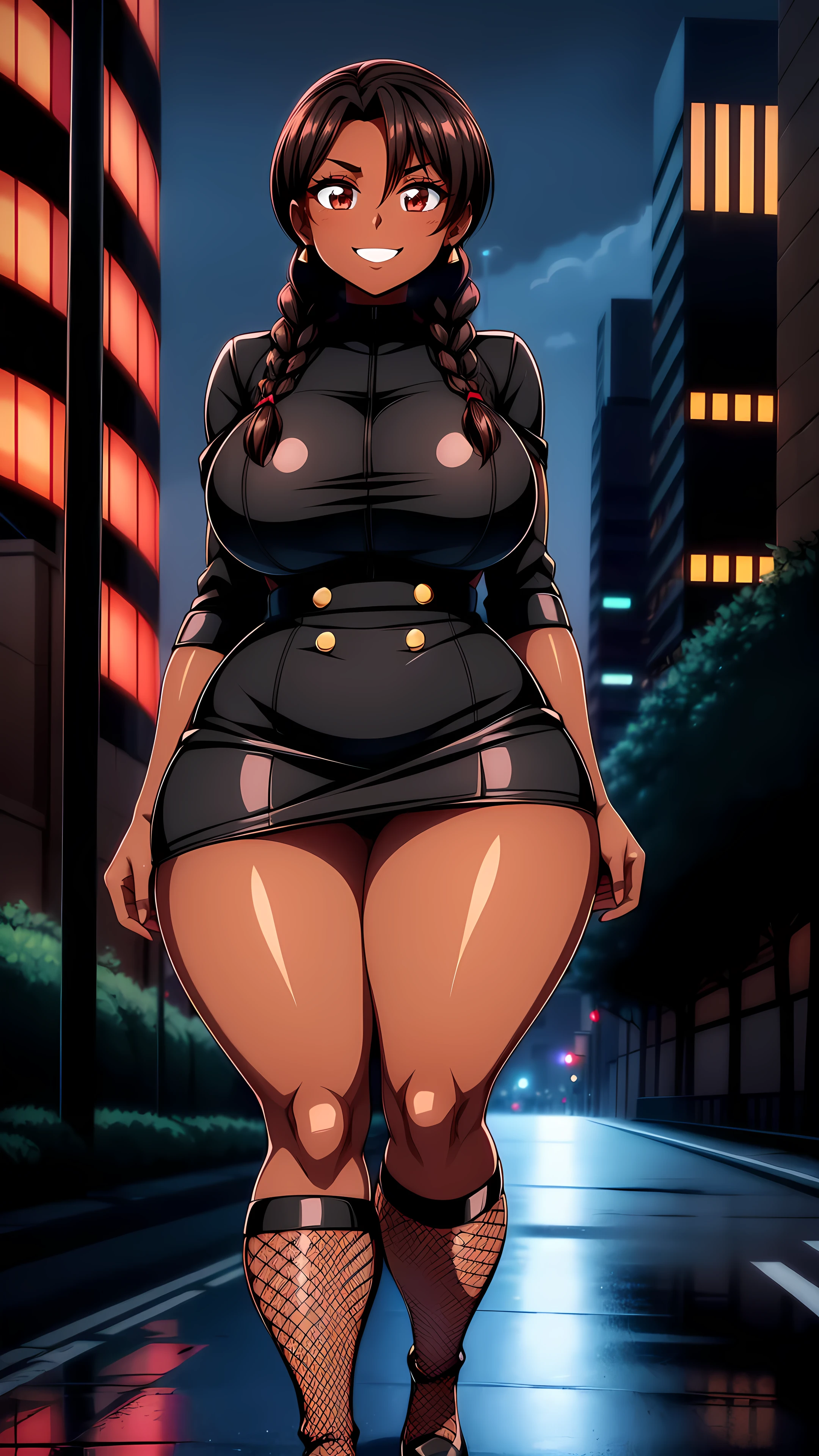 4K Quality, sexy smile, black woman, cute eyebrows, (black skirt), (black and red boots), (black fishnets), standing up, (brown braids), ((dark skinned)), thick thighs, big breasted, big ass, looking at viewer, brown eyes, night time, city background, (after the rain), walking to the club, (safe for work), (nightclub outfit)
