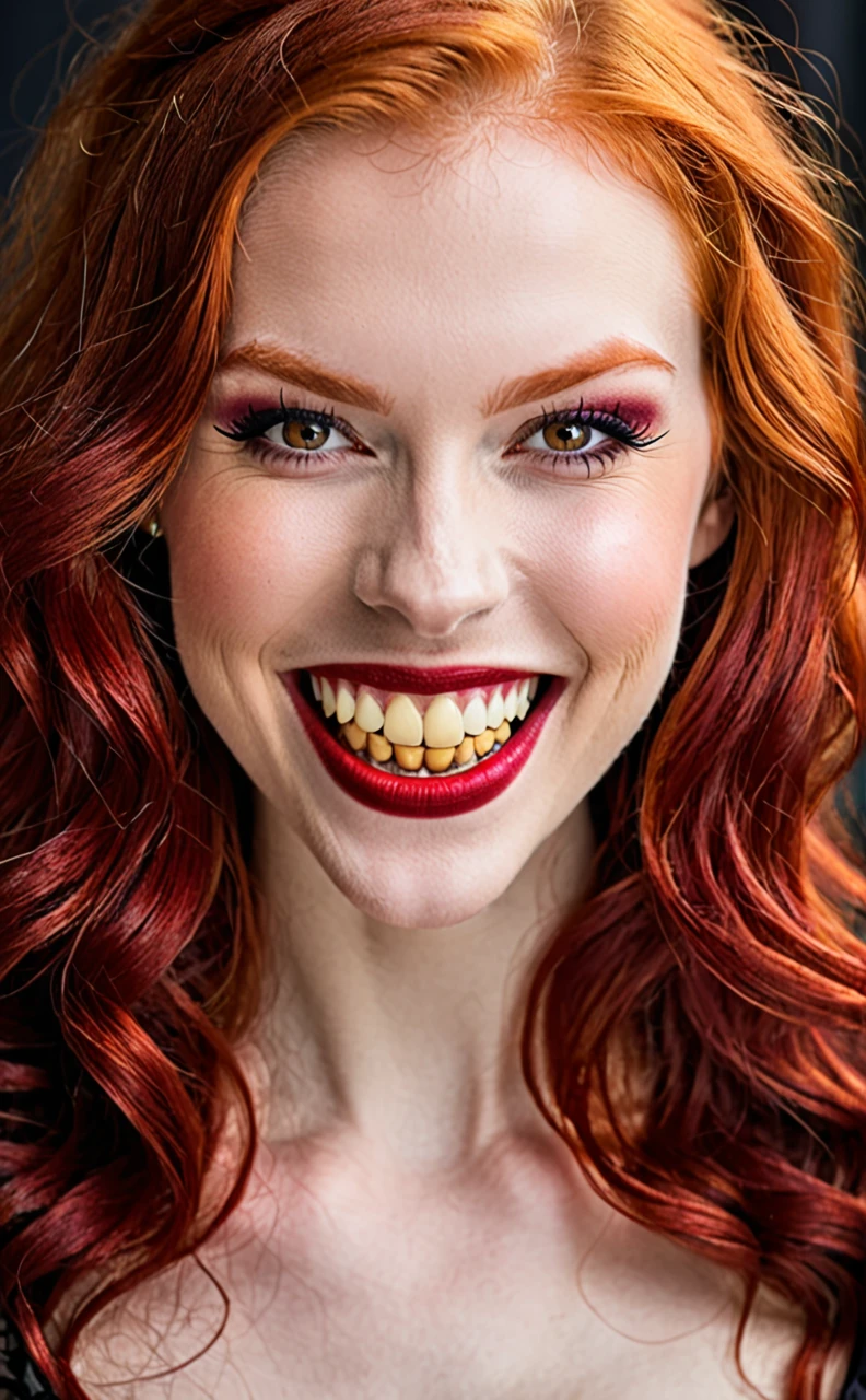 Smiling beautiful redhead vampire with gold tooth