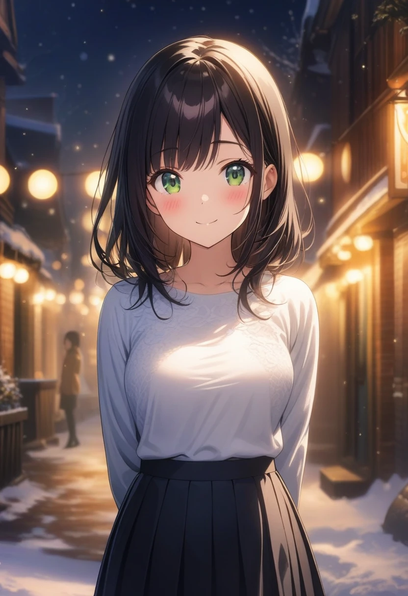 1girl, yabuki_kentarou:1.5, solo, official art, black hair, green eyes, smile, attractive, looking at viewer, pony tail, side bangs, medium breasts, black pleated skirt, white shirt, hands behind back, raised eyebrows, expressive, smile, outdoors, scenery, best quality, masterpiece, (very aesthetic, best quality, ultra detailed), light particles, snow, moonlight, street, blush, swept_bangs, close-up, straight-on, light particles, centered, bokeh background, style