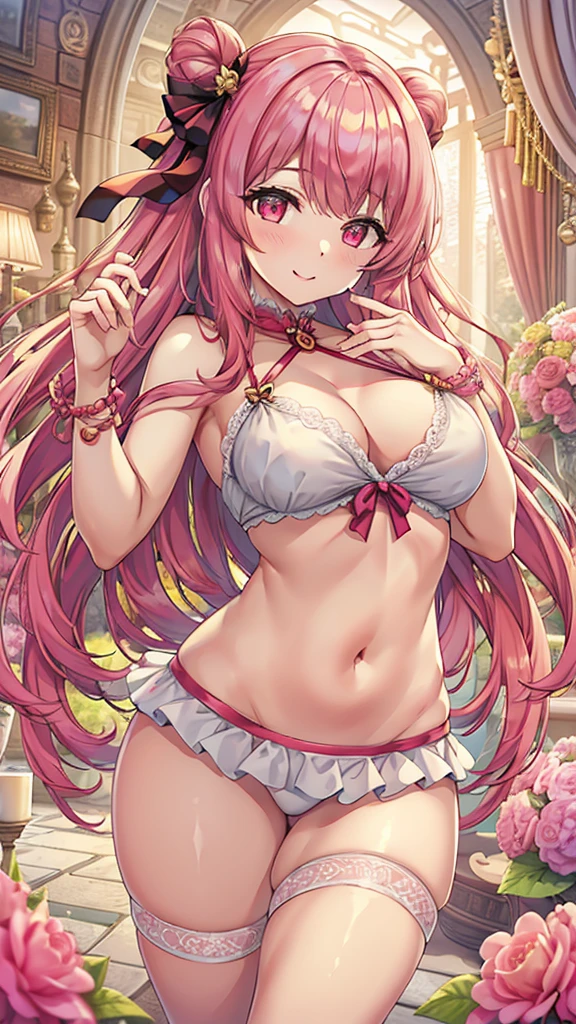 Masterpiece、Highest quality、Super detailed、1 girl、Pink Hair、(Big Tits)、Fluffy and soft long hair、Red-pink eyes、Cleavage、(The underboob is visible)、Belly button、smile、Too big breasts、Ribbon tied around the body