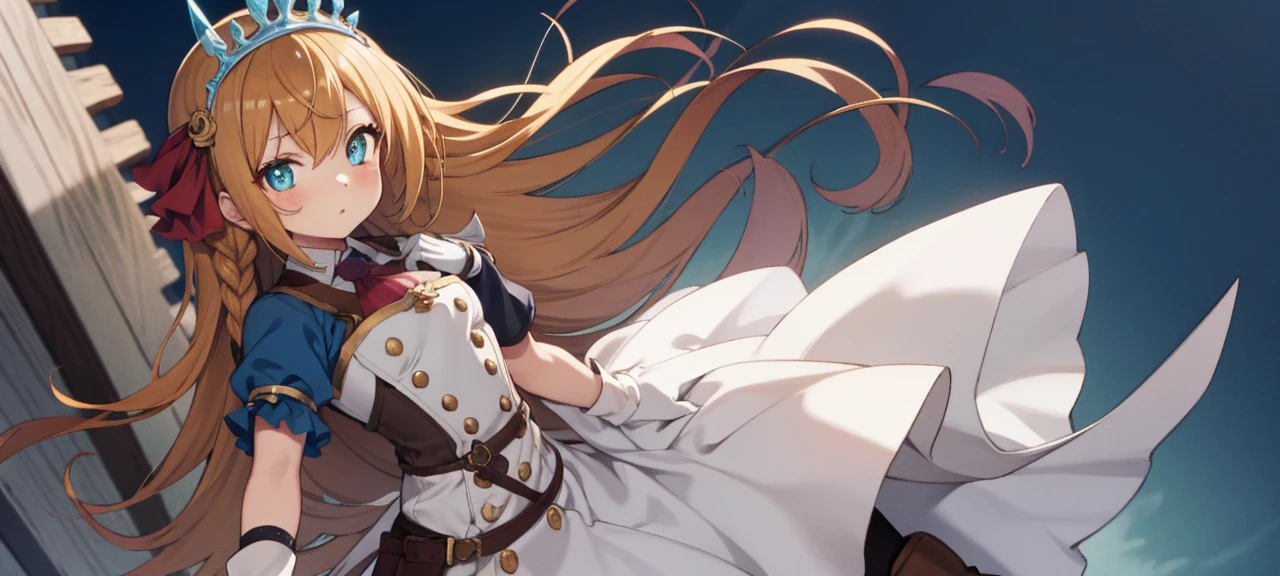 {{{masterpiece}}}, {{{best quality}}}, {{ultra-detailed}}, {illustration}, {{an extremely delicate and beautiful}}, (beautiful detailed eyes:1.6), extremely detailed face, 8k, anime face, Pecorine(Princess Connect!), 1 girl, cute face, blue eyes, hair ornament, long hair, orange hair, tiara, braid, hair braid, ahoge, medium breasts, thin waist, big hips, curvaceous, arm belt, armor, ascot, blue socks, boots, dress, gloves, hair ornament, open clothes, open dress, pauldrons, pleated skirt, puffy short sleeves, puffy sleeves, red ascot, red skirt, white petticoat, short sleeves, shoulder armor, single pauldron, skirt, socks, white dress, white footwear, white gloves