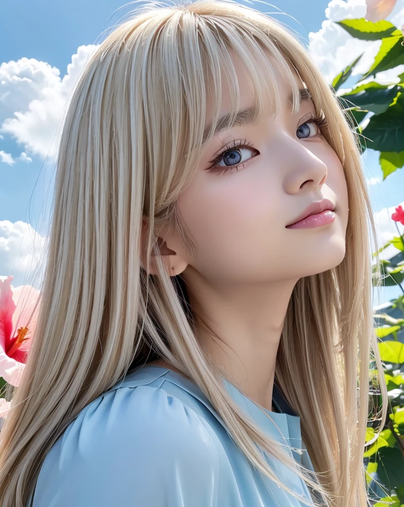 (Highest quality, 32k, High resolution, Masterpiece:1.5, ), marimo_jet, god々A photograph with brilliant dazzling and healing power., Evoking a sense of calm and elusive beauty, Expressing emotions, Have a rich imagination,Beautiful Japanese Girls, An exceptionally beautiful face, ((Low - Angle:1.4)), Small Face Beauty, Perfect Human Anatomy, Magical big eyes, Motherhood and generosity, Deep Love, A fleeting smile, ((Shiny ash beige hair:1.4)), Super Long Straight Silk Hair, Asymmetrical bangs, Hair between the eyes, Transparent, soft white skin, Sharp eyebrows, Thin lashes, Natural Makeup, Cheek highlighter, Pale pink detailed lips, ((Light blue thin camisole:1.3)), High resolutionの完璧な鎖骨, High resolutionの美しい胸元, Slim figure with ample breasts, High resolutionの美しい太もも, ((Detailed blue sky and clouds in summer:1.2)), ((Beautiful Hibiscus:1.2)), Professional Lighting, Professional photographer, Professional models, god秘的