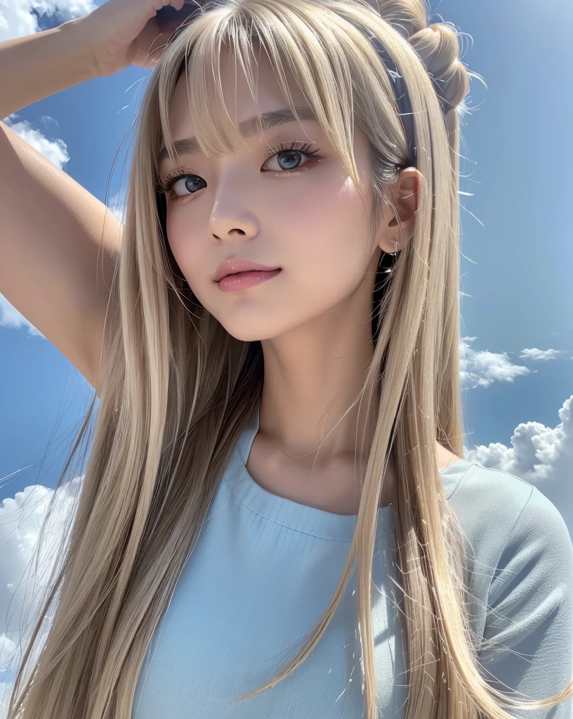 (Highest quality, 32k, High resolution, Masterpiece:1.5, ), marimo_jet, god々A photograph with brilliant dazzling and healing power., Evoking a sense of calm and elusive beauty, Expressing emotions, Have a rich imagination,Beautiful Japanese Girls, An exceptionally beautiful face, ((Shooting from the side:1.4)), Small Face Beauty, Perfect Human Anatomy, Magical big eyes, Motherhood and generosity, Deep Love, A fleeting smile, ((Shiny ash beige hair:1.4)), Super Long Straight Silk Hair, Asymmetrical bangs, Hair between the eyes, Transparent, soft white skin, Sharp eyebrows, Thin lashes, Natural Makeup, Cheek highlighter, Pale pink detailed lips, ((Light blue inner camisole:1.3)), High resolutionの完璧な鎖骨, High resolutionの美しい胸元, Slim figure with ample breasts, High resolutionの美しい太もも, ((Detailed blue sky and clouds in summer:1.2)), ((Beautiful Hibiscus:1.3)), Professional Lighting, Professional photographer, Professional models, god秘的