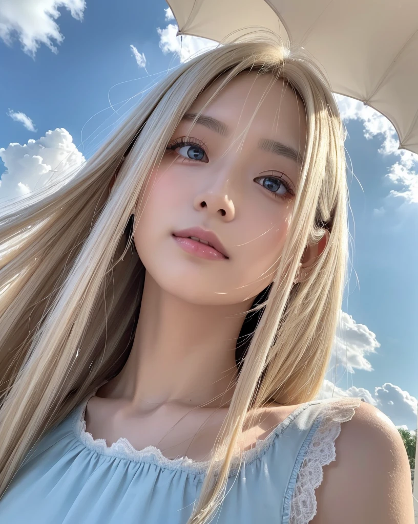(Highest quality, 32k, High resolution, Masterpiece:1.5, ), marimo_jet, god々A photograph with brilliant dazzling and healing power., Evoking a sense of calm and elusive beauty, Expressing emotions, Have a rich imagination,Beautiful Japanese Girls, An exceptionally beautiful face, ((Low - Angle:1.4)), Small Face Beauty, Perfect Human Anatomy, Magical big eyes, Motherhood and generosity, Deep Love, A fleeting smile, ((Shiny ash beige hair:1.4)), Super Long Straight Silk Hair, Asymmetrical bangs, Hair between the eyes, Transparent, soft white skin, Sharp eyebrows, Thin lashes, Natural Makeup, Cheek highlighter, Pale pink detailed lips, ((Light blue thin camisole:1.3)), High resolutionの完璧な鎖骨, High resolutionの美しい胸元, Slim figure with ample breasts, High resolutionの美しい太もも, ((Detailed blue sky and clouds in summer:1.2)), ((Beautiful Hibiscus:1.2)), Professional Lighting, Professional photographer, Professional models, god秘的