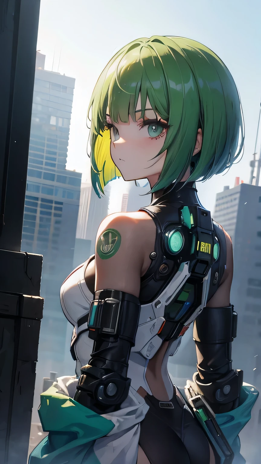 green hair, blunt bangs, bob cut, goggles on head, multicolored eyes, makeup, disgust, backlighting, masterpiece, accurate, super detail, award winning, highres, best quality, 8k, Cyberpunk, the world of science fiction movies, A Martian city in the year 2500, an android woman wearing a mechanic suit, Starry sky, meteor, from back