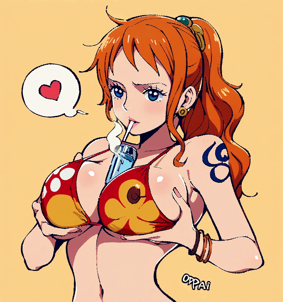 a cartoon picture of a woman in a bikini top and jeans, nami one piece, nami from one piece, nami, beautiful portrait of nami, from one piece, oppai, blue eyes, smoking, ponytail, nsfw