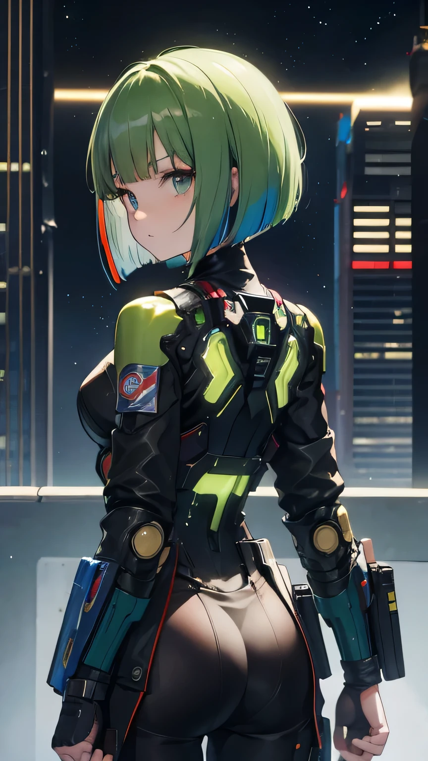 green hair, blunt bangs, bob cut, goggles on head, multicolored eyes, makeup, disgust, backlighting, masterpiece, accurate, super detail, award winning, highres, best quality, 8k, Cyberpunk, the world of science fiction movies, A Martian city in the year 2500, an android woman wearing a mechanic suit, Starry sky, meteor, from back