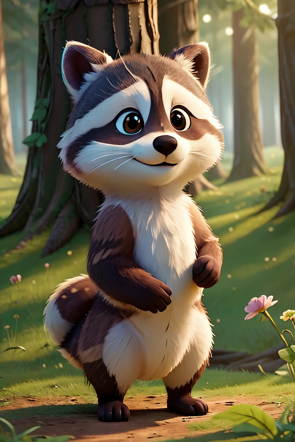 Create a high-quality image of the Fairytale Forest , beautiful trees in the background and a beautiful cute kind raccoon with a flower in its paw