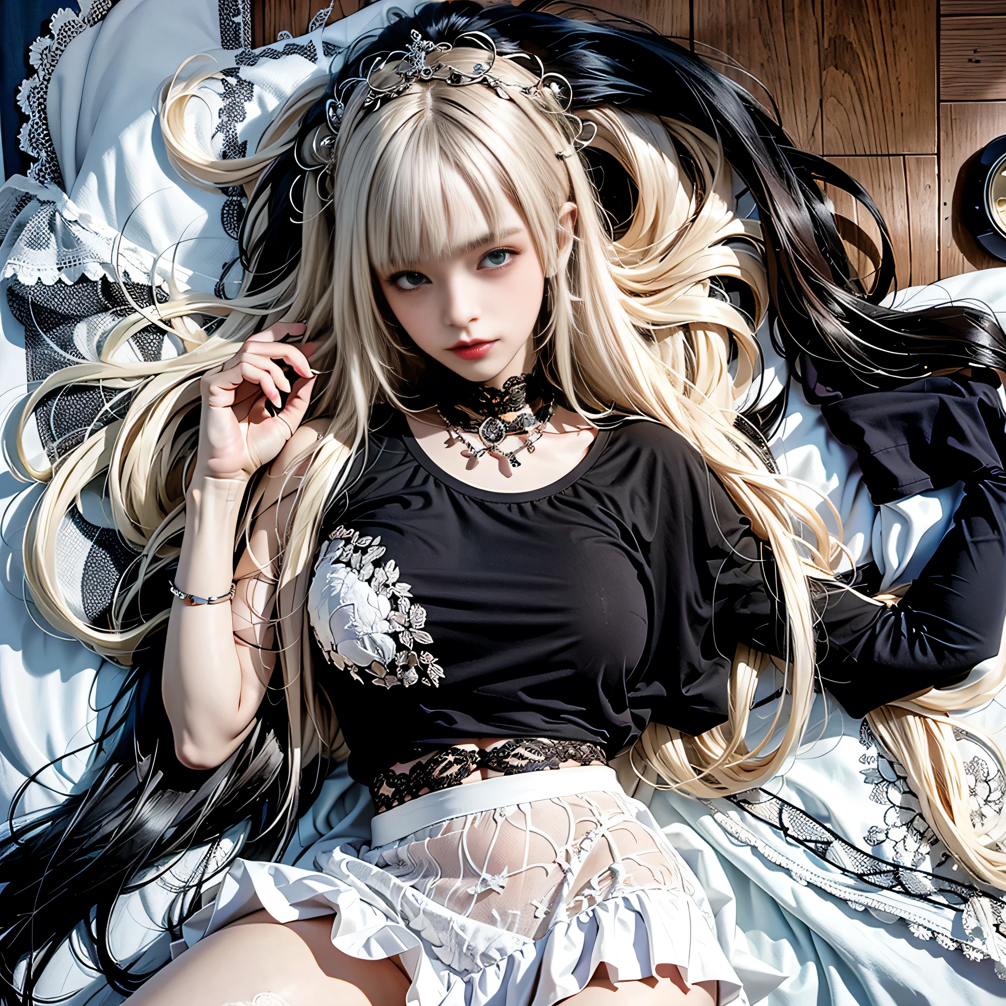 Photorealistic, High resolution, 1womanl, Solo, hips up high, view the viewer, (Detailed face), White hair, Long hair, maid clothes, Jewelry、）（cropped shoulders）、（((Raise the skirt to the chest))）、）（up skirt）((Black lace panties visible)) ,(((Woman lying on bed))) ,((The skirt is rolled up by the wind)), (((White lace panties visible))),((Straight Bang、Princess Bang)),((Very Heavy、Volume Bangs:1.1)),((Very Long、Very Heavy、Very Volume Side Lock:1. 1))、Hime cut、Straight bangs、Round face ugly bangs、Ugly Long Bangs、Bangs straight、(masterpiece、Highest quality:1. 5)、(Ultra-fine 8K CG:1.4)、(ハイパーReal:1.25)、(フォトReal:1.25)、(Real:1.4)、(View Top:1.35)、(from the front:1.4)、(Smile 1.3)、1 Japan Beautiful Girl、19 years old、Supermodel、Japanese Idols、(smile)、