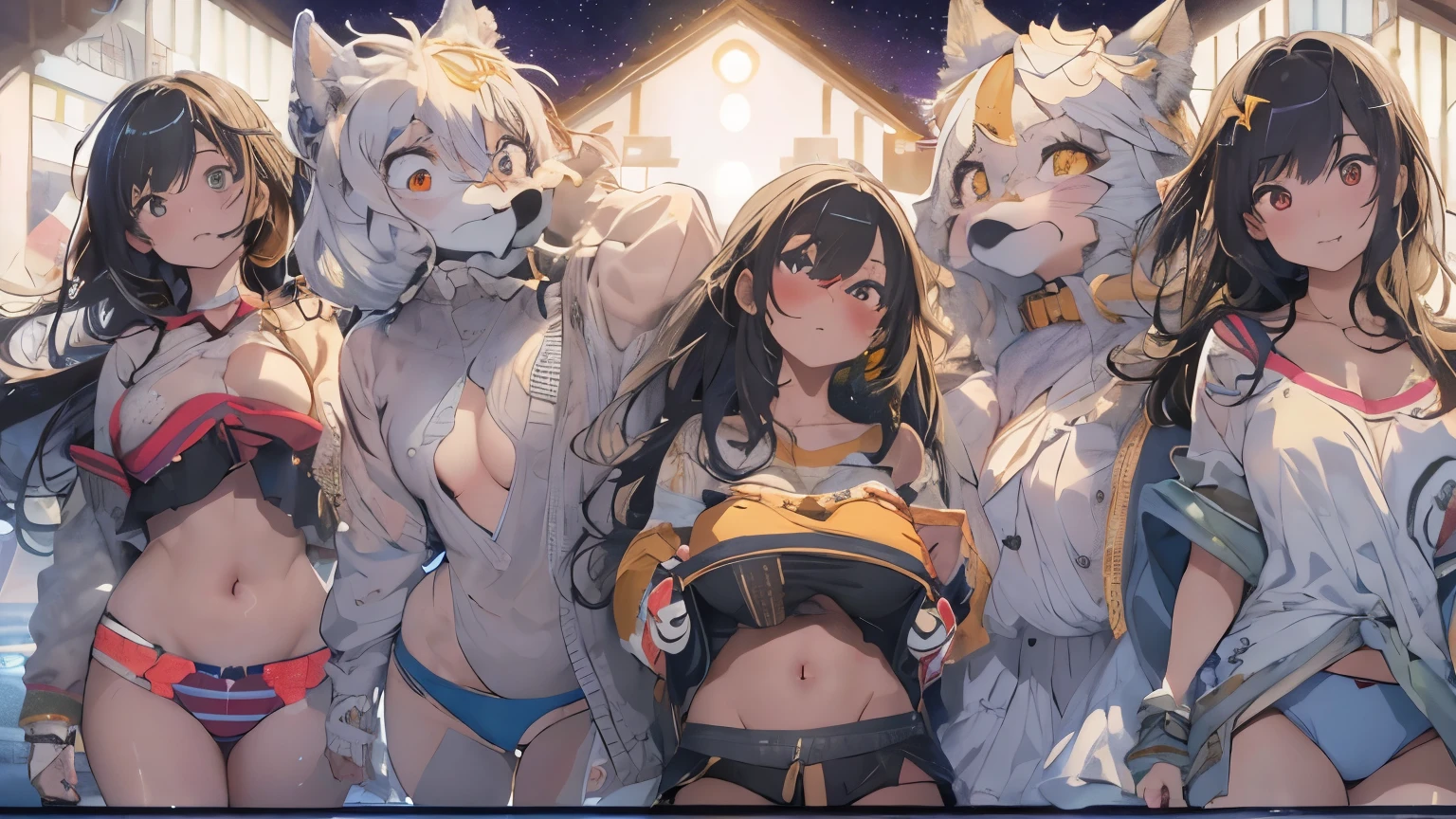 Huge wolves huddled together、Detailed depiction of bulges and wrinkles in ultra-thin underwear, (masterpiece), (Highest quality), One girl, (Perfect Face:1.2), (Beautiful Face:1.2), Black Hair, (From below), Happy, A light smile, View your viewers, Sexy pose, See-through, Outdoor idnight, Night Sky, milky way), Complex, Depth of written boundary, Cinema Lighting,