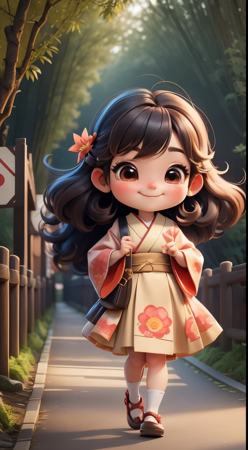 Create a loli baby chibi version of the Alice character in an 8K resolution. A [girl with short brown hair] is wearing a [carp patterned kimono] and a [kanzashi hairpin] and strolling through the [bamboo forest of Arashiyama] in Kyoto, Japan, It's sunny, Detailed eyes, clear outlines, kawaii pose, A smile, Raise your right hand, Eye Up, Laugh, Cute red shoes, radiant light, Taken from the side. She should look adorable and cute. Give him a smiling expression and a sweet smile on his face, capturing the essence of the character in a delicate and charming way.