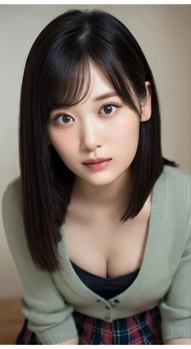 (Dark blue turtleneck sleeveless knit)、pencil skirts、Japanese idol, (19 years old), breasts of medium size, Tron bulge in the chest、Puffy nipple、Pinch your chest with your arms、brown haired、Long Wave Hair, a necklace、Earring、knee high stockings、 Hotel Bed、lyin in bed、((Very detailed)), Shy smile、Kamimei、(Perfectly detailed face), (Well detailed hands) Photorealistic images、full body seen、emphasis on the buttocks