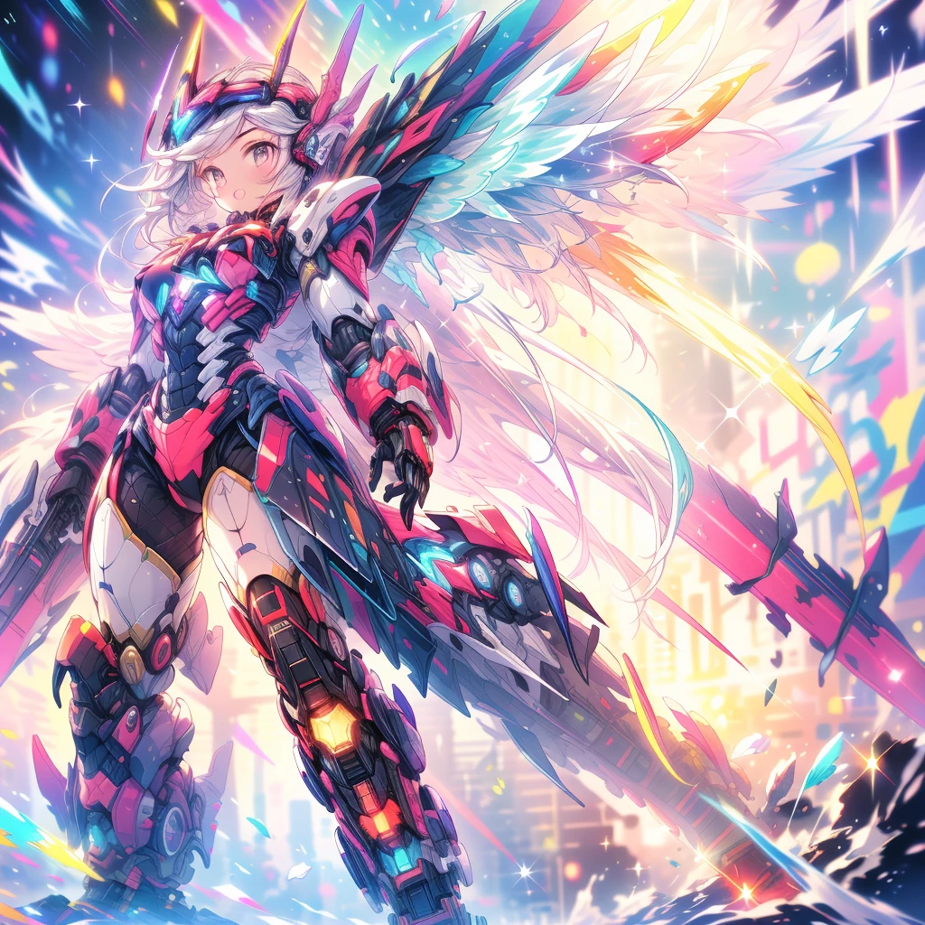 (masterpiece:1.2), best quality, high resolution, extremely detailed CG, absurdres, highres, 1girl, mecha girl, colorful light particles arounded, glitter, glowing wings, (((vivid color)))