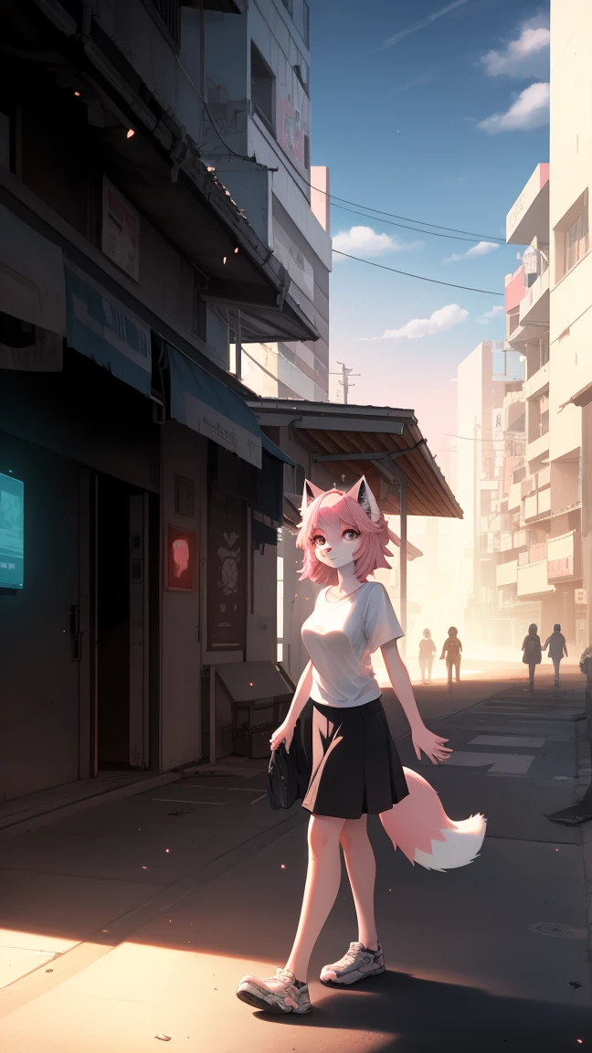 Cyberpunk fox, Beautiful light and shadow on the beautiful face with light pink hair、Ambient lighting on the beach、Ultrafine fur、Volumetric lighting is very detailed，Highest quality furry art，Big ，White shirt