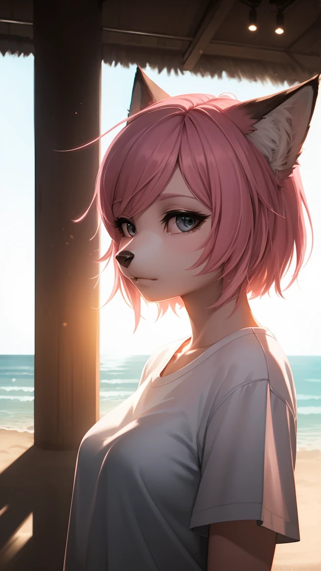 Cyberpunk fox, Beautiful light and shadow on the beautiful face with light pink hair、Ambient lighting on the beach、Ultrafine fur、Volumetric lighting is very detailed，Highest quality furry art，Big ，White shirt