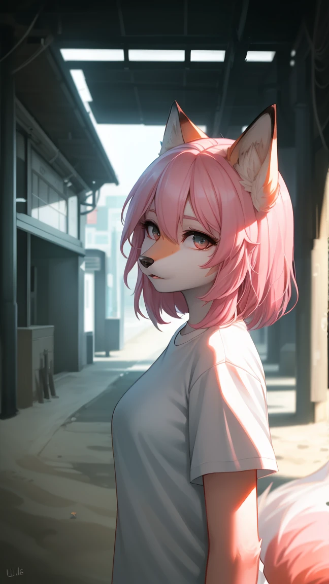 Cyberpunk fox, Beautiful light and shadow on the beautiful face with light pink hair、Ambient lighting on the beach、Ultrafine fur、Volumetric lighting is very detailed,Highest quality furry art,Big ,White shirt