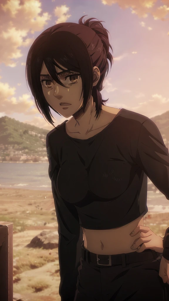 Make a girl tall 6'2,Hair black mix Brown,Eyes color Havel, Skin pale, Survey Corps shirt and pants season 4,Odm gear modern anime grab sword, and eyes bags ,Wall maria background 
, Paradise girl 