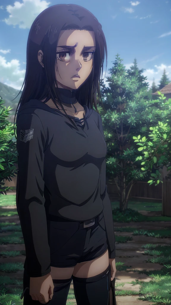 Make a girl tall 6'2,Hair black mix Brown,Eyes color Havel, Skin pale, Survey Corps shirt and pants season 4,Odm gear modern anime grab sword, and eyes bags ,Wall maria background 
, Paradise girl 