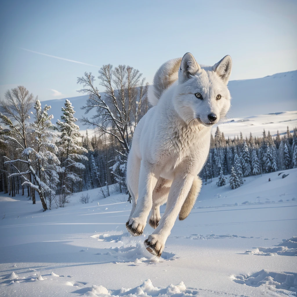 (best quality,Extremely detailed),arctic fox,Deep snow,chase,mouse,Quick action,Fluffy tail,Sharp Teeth,Strong gaze,White fur,Ice blue eyes,Wind,Sub-zero temperatures,Snow-capped landscape,Northern Lights,Glowing moonlight,Harsh winter,Cold Breath,Primitive Wilderness,Playful Jumping,Paw prints in the snow,Stealth Predator,Escape action,Elusive prey,Hunting instinct,Blizzard weather,Endless white,Cold Silence,Majestic Hunter,Beautiful jump,resolute determination,Seamless camouflage,Cold Environment,A heart-pounding pursuit,Uninhabitable terrain.