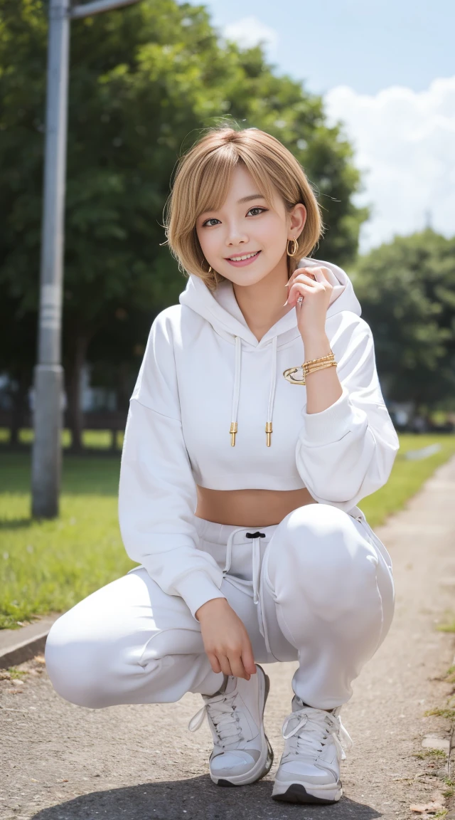 flying debris、Highest quality、An illustration、Highest quality、Understood、High resolution、8k wallpaper、Perfect dynamic composition、(((Ezvian Everywhere)))、((From below))、Beautiful and cute 20 year old girl、Beautiful face in every detail、Delicate and cute eyes、Fine skin、Red cheeks.、shy、(Semi-short hair:1.3)、(wavy blonde hair)、Small breasts、Bold sexy pose、smile、Small breasts、Between the legs、Small Ass、Thin ass、Generated on the eaves.、Narrow shoulders、wavy blonde hair、blonde、Heart-shaped earrings、smile、、Gold Bracelets、Tie your hair back、White hoodie、Deeply hooded、Loose fitting white harem pants、Baggy pants、Combat Boots