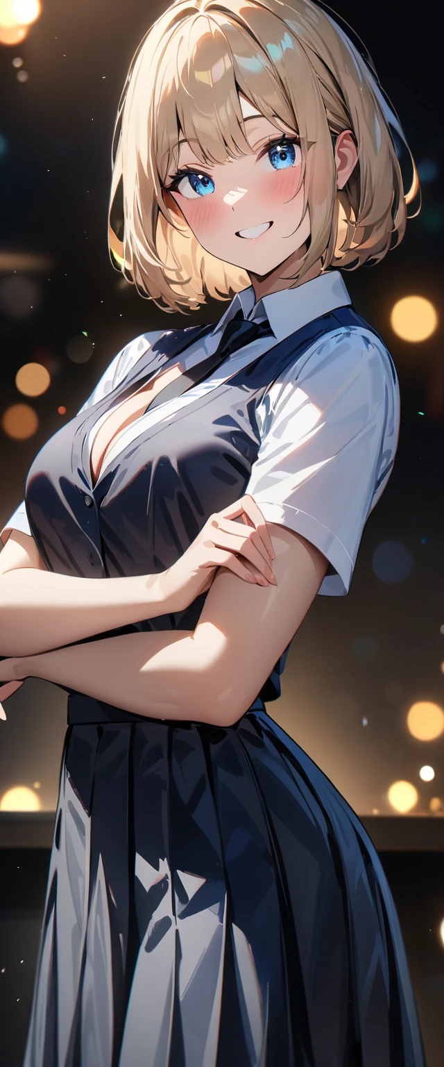 (((One girl))), blond hair, bob cut, (cowboy shot), (looking at viewer), face in focus, , teenager, head tilt:1.3, (((blue eye))), ((happy smile)), ((full face blush)), school summer uniform, white shirts, black tie, black skirt, cleavage, anime style, (best quality, 4k, 8k, highres, masterpiece:1.2, ultra-detailed, ultra-detailed eyes, HDR, UHD, studio lighting, ultra-fine painting, sharp focus, physically-based rendering, extreme detail description, professional, vivid colors, bokeh)
