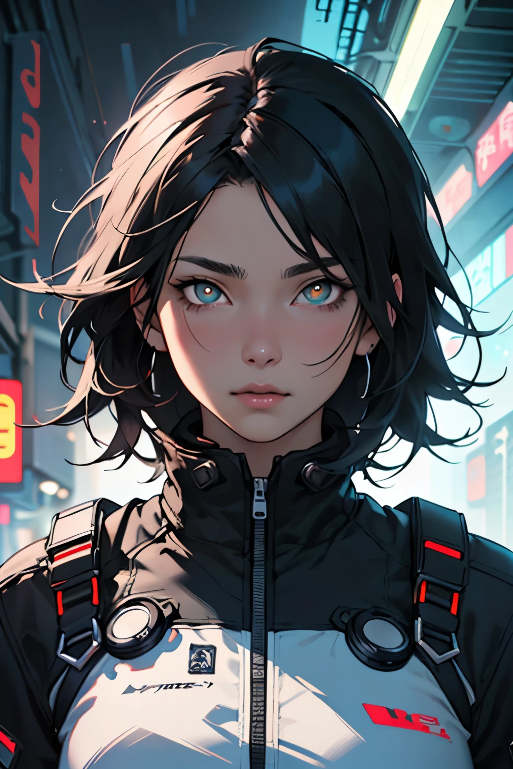 ((best qualityer)), ((work of art)), (detailded), ((game concept art)) ((Semi realism)) Japanese girl, black voluminous emo hair, eyes with yellow pupils, cyberpunkstyle, all-black clothes with red neons, Military Details