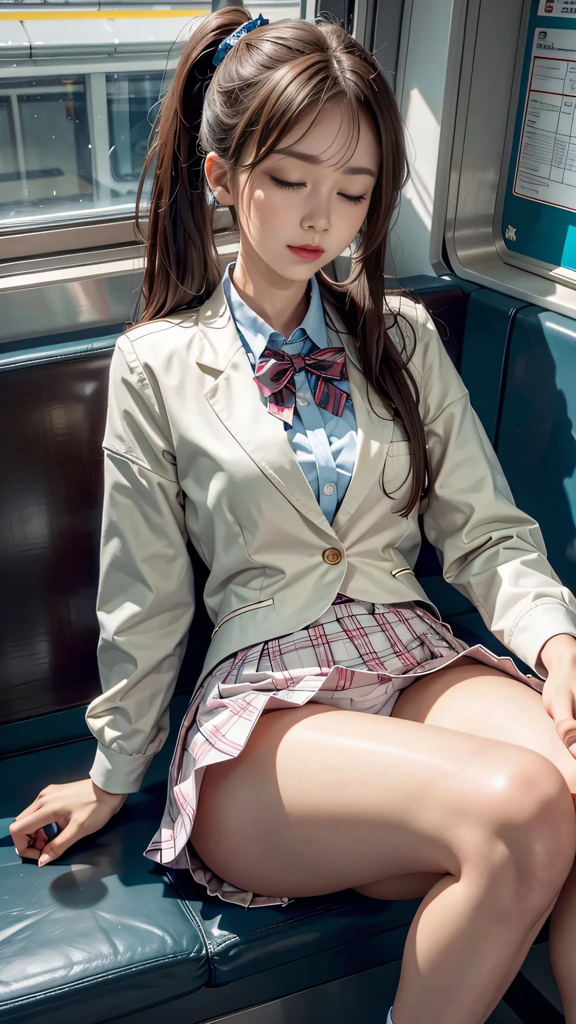 realistic, High resolution, soft light,1 female, alone, waist rises high, (detailed face),(Female student)（(Girl sitting on train))，colorful hair、shortcut，wear、(white blazer emblem on chest)、(white blouse)(red bow tie)(check skirt),long hair、(ponytail)、((Upskirt)）、（I can see pink panties）、(eyes closed),(legs open)