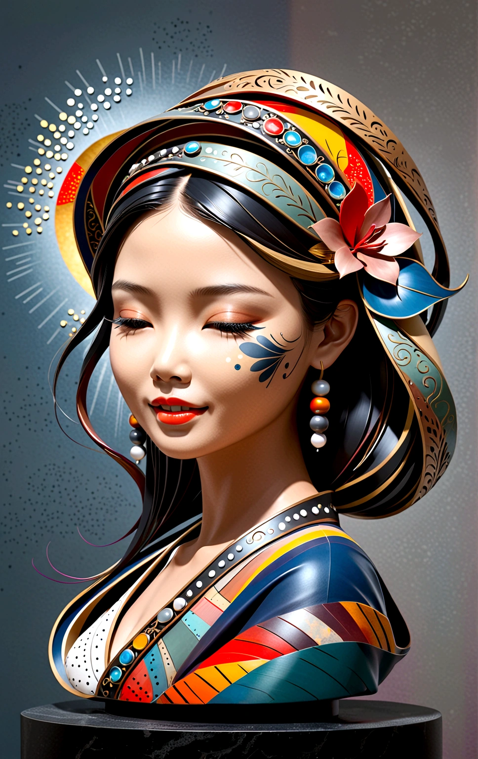 3D sculpture,young asian woman(Thai style)half body,abstract art,greatly exaggerated