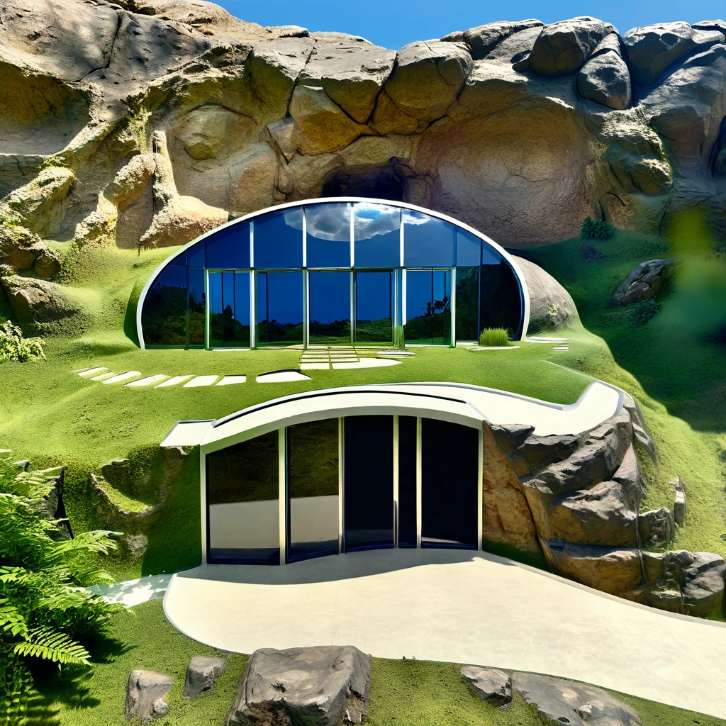 A breathtaking 3D render of an extraordinary architectural masterpiece, carved seamlessly into a colossal rock formation. The structure boasts impressive organic curves, adorned with lush greenery, including thriving plants and trees that grow both on its exterior and within its crevices. Large glass windows frame the building, offering a stunning panoramic view of the surrounding landscape, which comprises of undulating hills and dense vegetation. The overall atmosphere of the image is cinematic, capturing the essence of a futuristic, eco-friendly sanctuary nestled within the heart of nature.