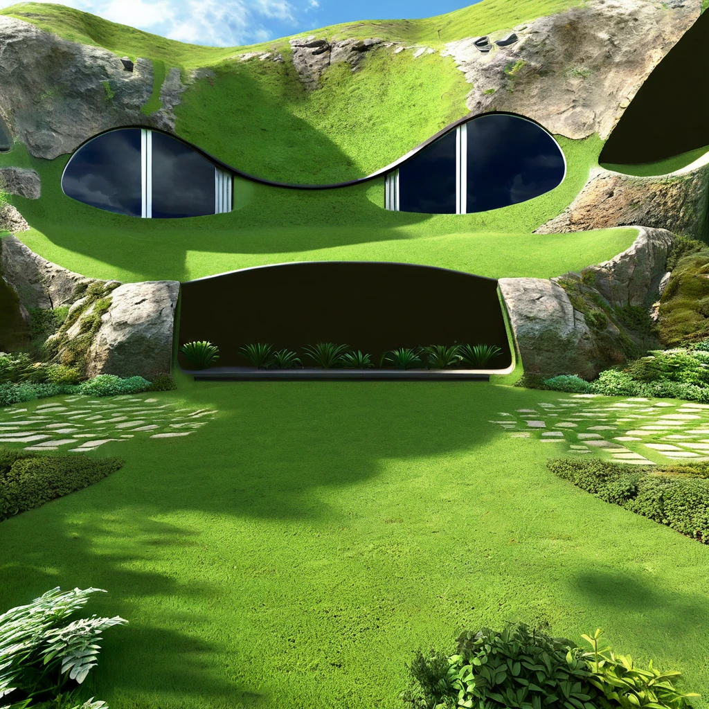 A breathtaking 3D render of an extraordinary architectural masterpiece, carved seamlessly into a colossal rock formation. The structure boasts impressive organic curves, adorned with lush greenery, including thriving plants and trees that grow both on its exterior and within its crevices. Large glass windows frame the building, offering a stunning panoramic view of the surrounding landscape, which comprises of undulating hills and dense vegetation. The overall atmosphere of the image is cinematic, capturing the essence of a futuristic, eco-friendly sanctuary nestled within the heart of nature.