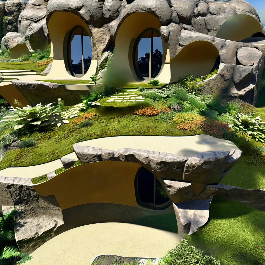 A breathtaking 3D render of an extraordinary architectural masterpiece, carved seamlessly into a colossal rock formation. The structure boasts impressive organic curves, adorned with lush greenery, including thriving plants and trees that grow both on its exterior and within its crevices. Large glass windows frame the building, offering a stunning panoramic view of the surrounding landscape, which comprises of undulating hills and dense vegetation. The overall atmosphere of the image is cinematic, capturing the essence of a futuristic, eco-friendly sanctuary nestled within the heart of nature.