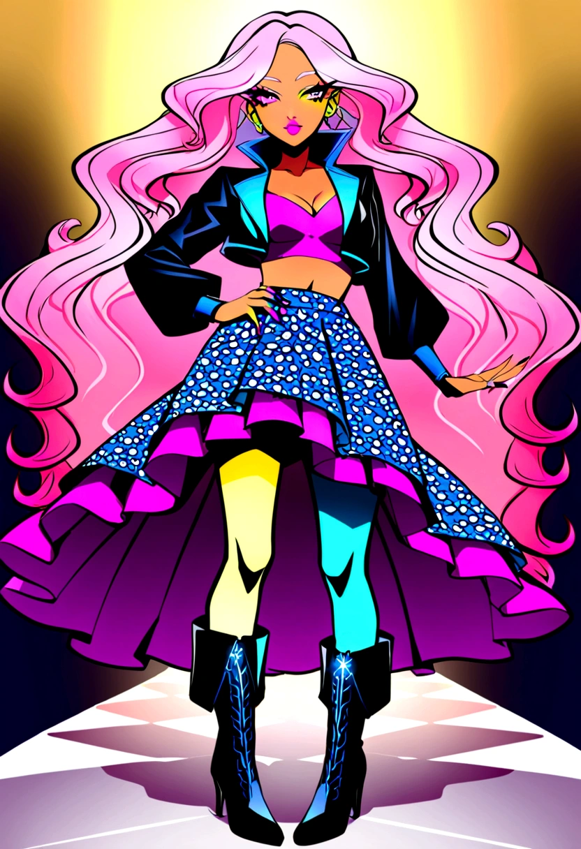 Appearance[tall,slim,tanned skin,bright pink hair styled in loose waves,bold makeup including glittery eyeshadow and glossy lipstick]
Clothes[flamboyant gyaru fashion,bright colors,bold patterns,layered skirts,cropped jackets,high-heeled boots,salvaged trinkets for accessories]