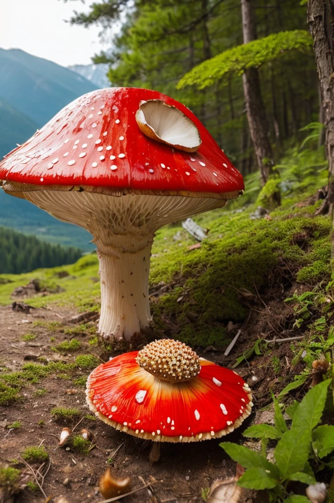 Man eats a fly agaric、Red poisonous mushroom、In the mountains、nature、Real