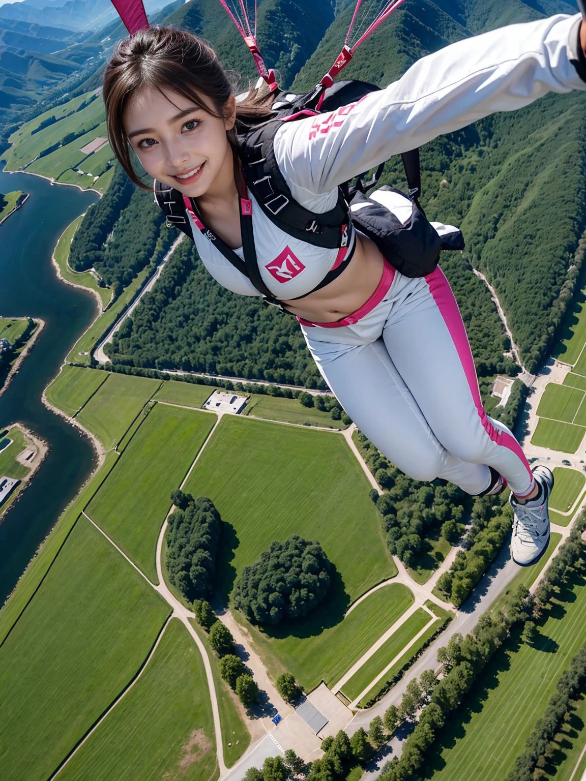 Beautiful 24 Years Korean Girl, Paragliding On switzerland alaps valley, ((On air)), ((Paragliding)), Solo, Air, Realistic, Ultra HD, 8k unity walpaper, Ray Tracing, Beautiful smile, (smile:1.2), (sports bra), (pink jeans), detailed background, Detailed skin, detailed dress , (Detailed paragliding), Real Paragliding, Landing time, Touching ground when landing paragliding, Low height on air, Pose jumping from a height, from below:1.3,(((1 girl)))